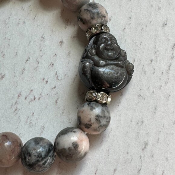 Shades of Grey! Beautiful Jasper Stretch Buddha Bracelet size 7 - Picture 2 of 8